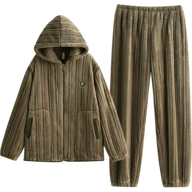 浮光岛屿 简约纯色时尚大气拉链连帽高级感家居服舒适亲肤保暖可外穿休闲睡衣套装 礼袋款 男款 棕褐色