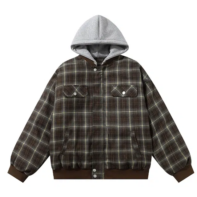 极限涡轮 美式复古格子拼接撞色潮流宽松百搭设计感连帽外套棉服 男女同款