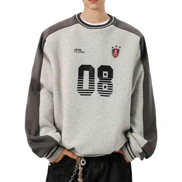 冈哉 撞色拼接数字字母徽章印花设计美式复古圆领重磅宽松休闲百搭舒适运动风卫衣 男女同款