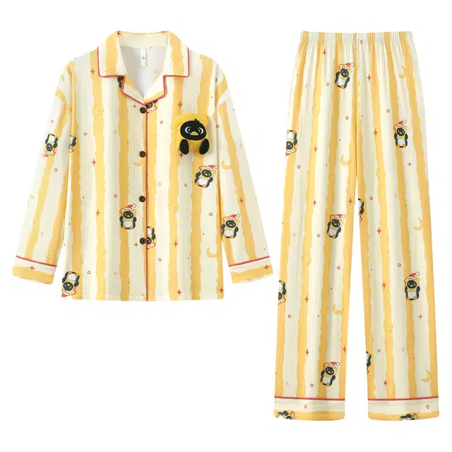 宫蝶 小企鹅纯棉长袖卡通家居服宽松休闲可外穿条纹开衫睡衣套装 女款