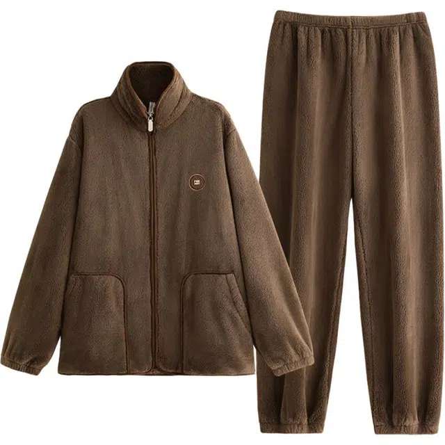 浮光岛屿 简约纯色拉链高级感家居服舒适亲肤保暖可外穿休闲睡衣套装 礼袋款 男款 褐色