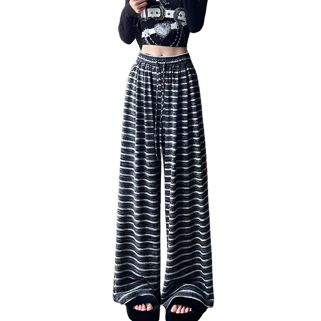 荟萃阁 宽松韩版百搭条纹阔腿裤女慵懒风高腰垂顺针织糯米裤休闲裤 女款