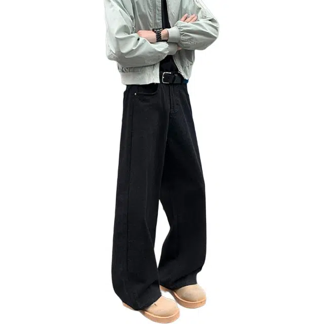 黑马漫画 美式复古高街微喇裤男秋季超长直筒牛仔裤 男女同款