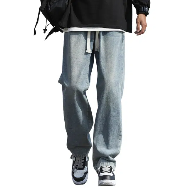 顶峰保罗 美式复古水洗潮牌做旧宽松直筒无性别主义休闲阔腿裤弹力抽绳显高显瘦简约时尚百搭设计感高街垂感牛仔裤 男女同款
