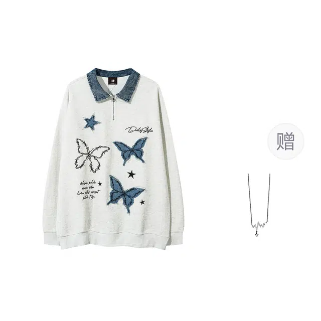 识恩 复古蝴蝶刺绣宽松百搭半拉链卫衣 女款