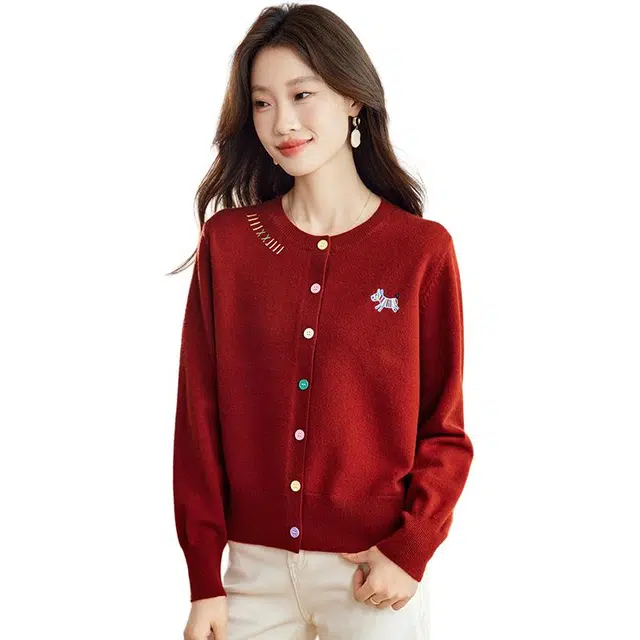 稻草人 甜美气质简约优雅百搭圆领开衫秋针织衫 女款