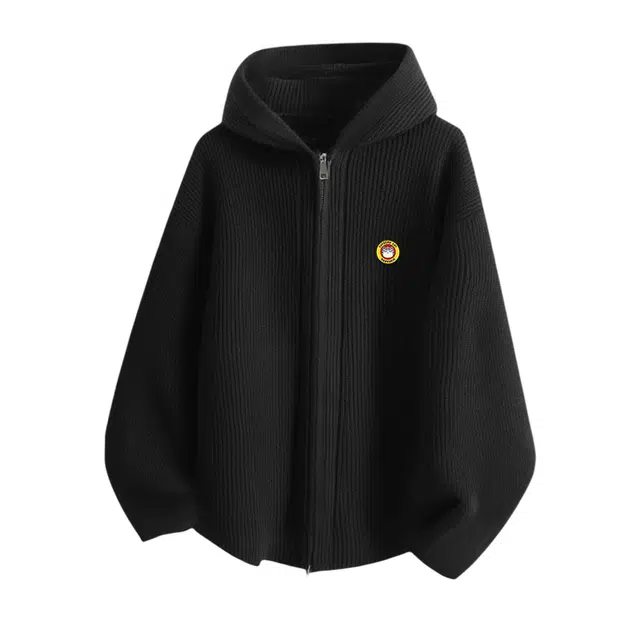 吾皇猫 原创美式复古高街简约基础款学院风连帽针织上衣慵懒风时尚贴布宽松休闲双拉链外套潮流潮牌百搭春秋季夹克 男女同款