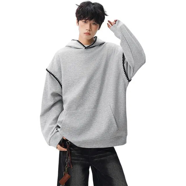 佐菲利 连帽贝壳绣花宽松情侣套头帽衫带帽外套卫衣 男女同款