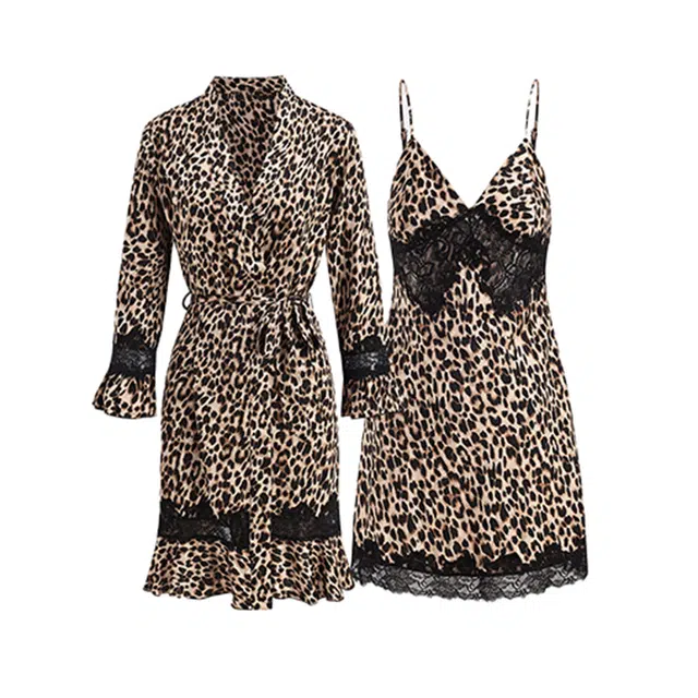 潞优野 御姐风格豹纹蕾丝丝滑荷叶边吊带浴泡两件套睡衣套装 女款