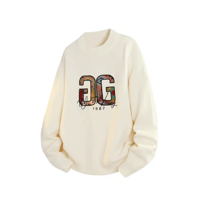 吾皇猫 韩系潮牌纯色慵懒创意字母贴布绣设计舒适软糯亲肤加厚保暖宽松百搭休闲圆领套头打底长袖针织衫毛衣 男女同款