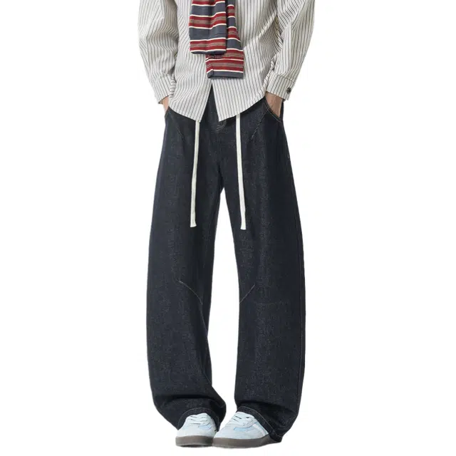 加荣 美式复古设计感弯刀牛仔裤男秋季潮流时尚宽松休闲松紧腰直筒裤春秋高级感青少年潮牌痞帅拼接裤通勤百搭基础款男士长裤 男女同款