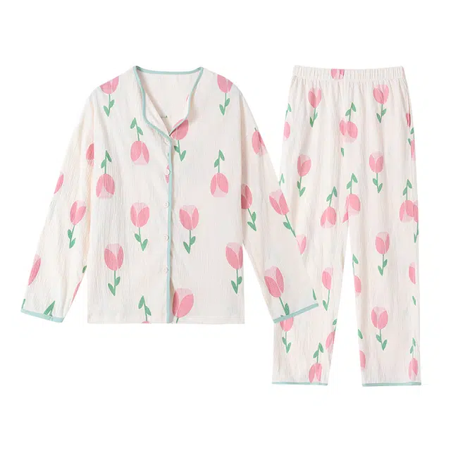 莫代尔 宽松显瘦休闲翻领开衫舒适个性带胸垫防凸点家居服可外穿女士睡衣套装 女款