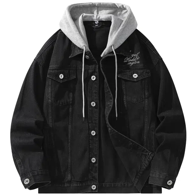 帕丁顿熊 美式基础款桃花手写字母刺绣假两件连帽可拆卸复古水洗宽松百搭夹克牛仔外套 男女同款