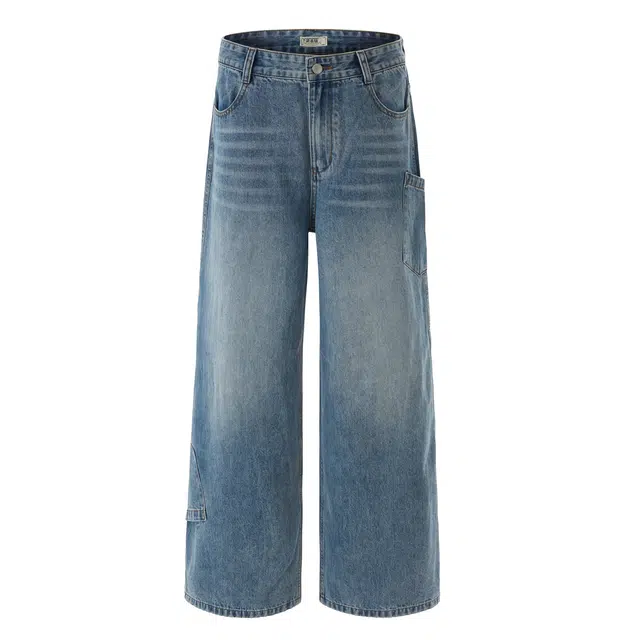 下层基础 美式复古水洗多口袋直筒阔腿个性百搭潮牌长裤子牛仔裤 男女同款