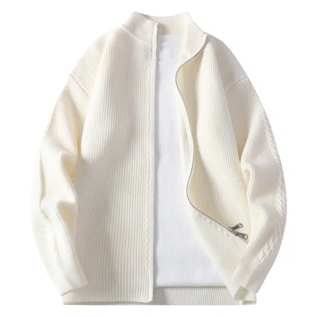 北欧攻略 美式复古立领休闲百搭运动拉链开衫外套基础款纯色麻花条纹设计秋冬季加厚保暖高级感简约舒适绒软不扎皮肤针织衫 男女同款