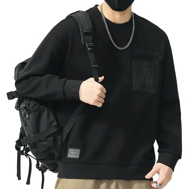 协协乐 圆领长袖男士春秋季宽松套头打底衫拼接小口袋上衣早秋小众设计款卫衣 男款