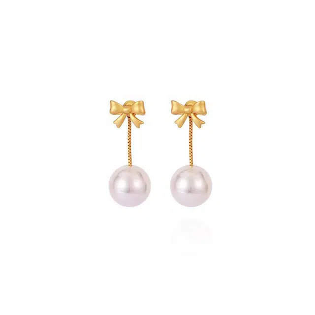 澜耀 香槟色圆珠蝴蝶结 小众设计法式轻奢高级耳饰#好运 合金 耳环 女款