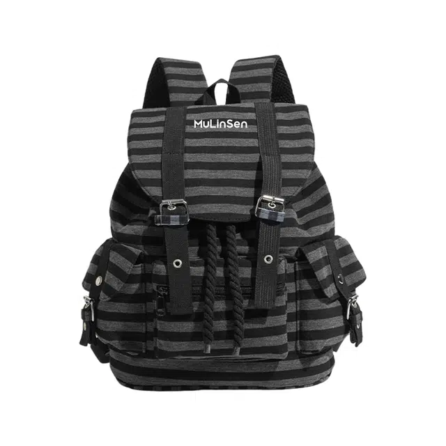 木林森 时尚复古条纹抽绳机能风学生上课通勤出游多口袋休闲百搭旅行背包 帆布 双肩包 女款 多色