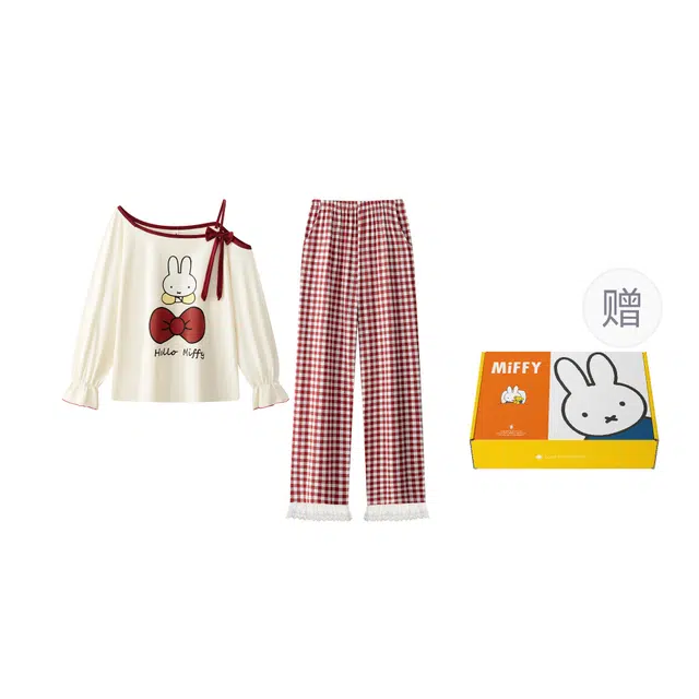 宫蝶 米菲纯棉斜肩设计感长袖卡通甜美风家居服宽松休闲开衫可外穿睡衣套装 女款 礼盒装