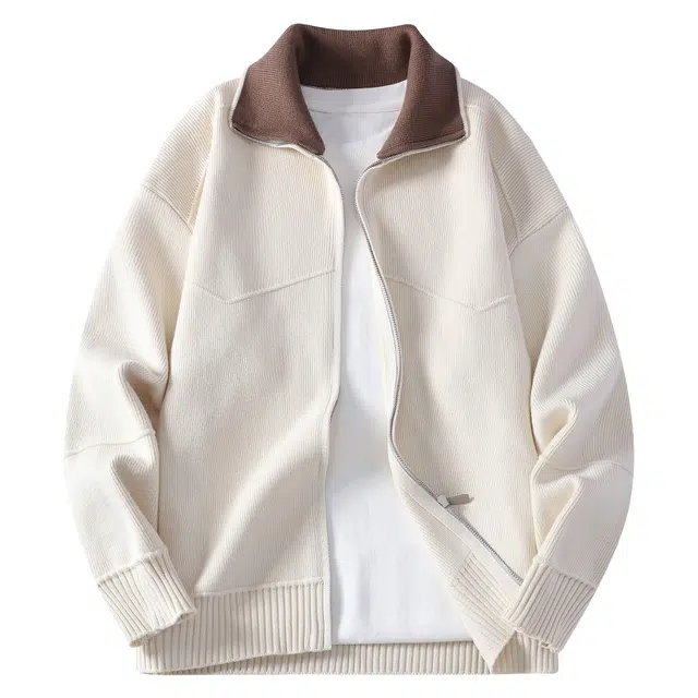 北欧攻略 美式轻商务风立领拉链开衫休闲宽松落肩外穿上衣外套纯色拼接百搭通勤秋冬季加厚防风保暖透气针织衫 男女同款