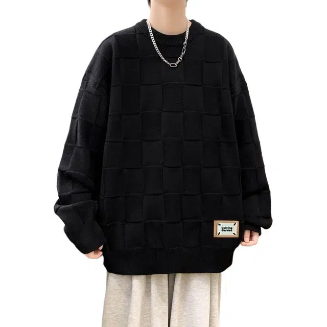 么宁 秋冬季方格套头毛衣慵懒风内搭打底衫宽松圆领百搭休闲上衣舒适透气个性时尚保暖针织衫 男女同款