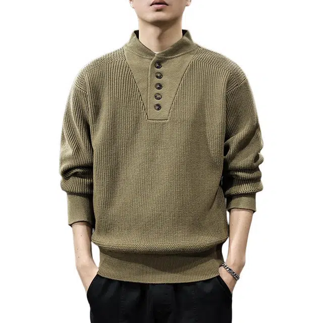 前进牛 美式休闲经典潮牌军事风硬汉亨利领潮流高级感复古通勤风长袖针织衫 男款