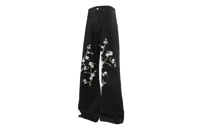 宜而爽 美式高街复古国潮仿刺绣玫瑰花卉图案印花水洗做旧高级感中腰显高显瘦直筒休闲长裤通勤宽松垂感阔腿微喇弯刀牛仔裤 男女同款