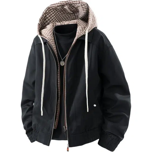 金盾 假两件连帽款格子拼接侧口袋日常休闲潮流夹克 男款