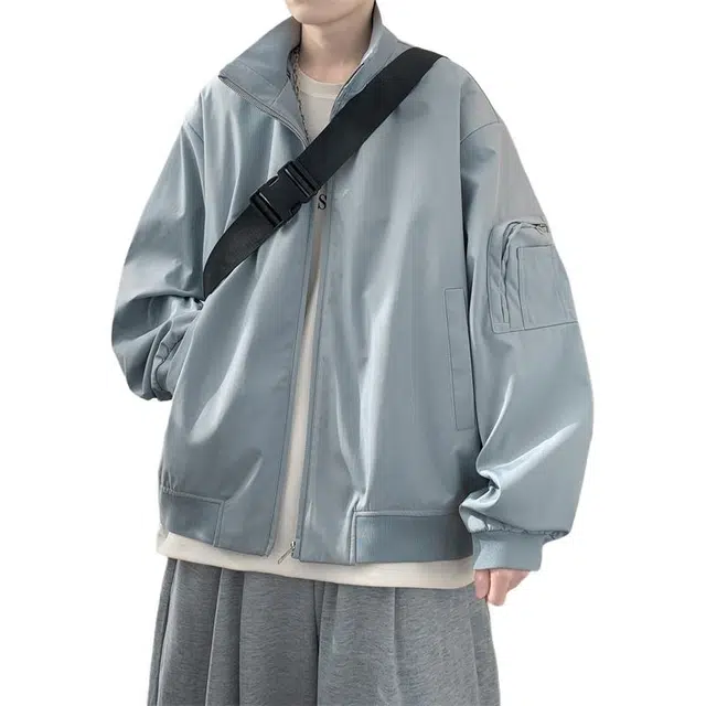 顶峰保罗 美式高街纯色高级设计感宽松大码休闲上衣无性别主义秋季穿搭情侣款潮牌夹克外套 男女同款