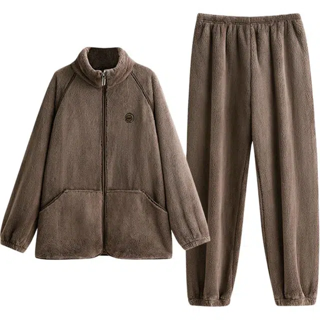 浮光岛屿 简约纯色时尚拉链高级感家居服舒适亲肤保暖可外穿宽松休闲 秋冬睡衣套装 礼袋款 男款 褐色