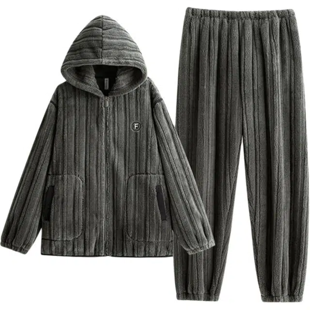 浮光岛屿 简约纯色时尚大气连帽高级感家居服舒适亲肤保暖可外穿宽松休闲 秋冬睡衣套装 礼袋款 男款 浅灰色