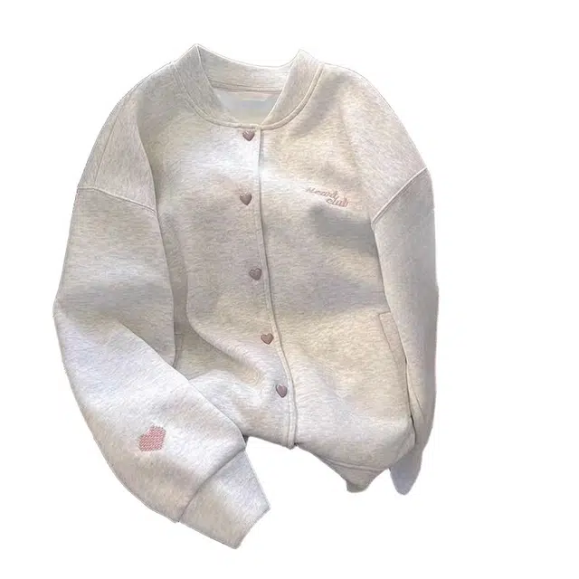 桴生 美式复古爱心刺绣棒球服开衫女春秋薄款宽松慵懒学生运动休闲外套卫衣 女款