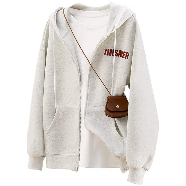 她池 通勤简约撞色字母宽松款抽绳连帽长袖截短外套 女款