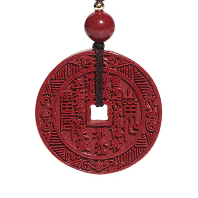 妍韵珠宝 山鬼花钱五行八卦平安扣 再造辰砂朱砂 玉石吊坠 男女同款情侣款