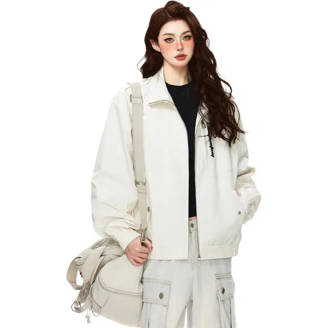 空白町 潮流痞帅格雷系工装休闲纯色设计感字母印花基础款级感翻领拉链百搭防风户夹克外套 男女同款