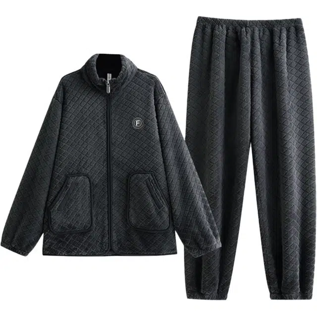 浮光岛屿 简约纯色格子大码高级感家居服舒适亲肤保暖可外穿宽松休闲 秋冬睡衣套装 礼袋款 男款 藏青色