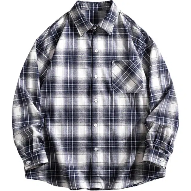 金盾 美式撞色格子宽松长袖衬衫 男女同款