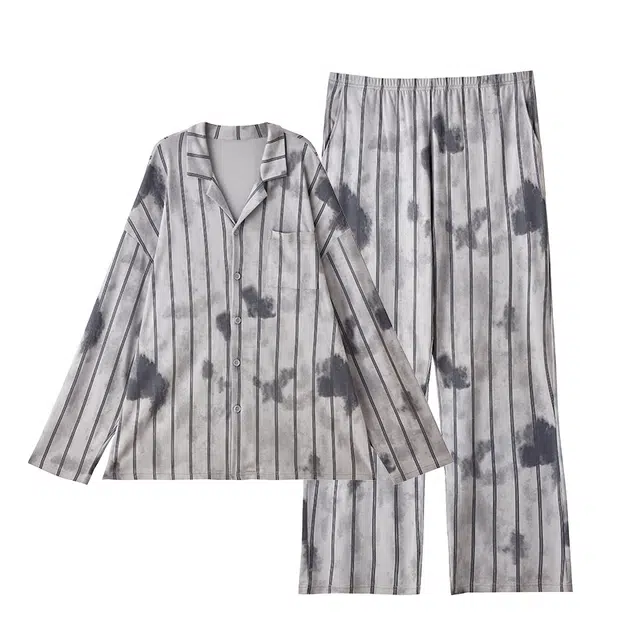 俏薇妮 舒适春秋款纯棉带胸垫一体长袖长裤条纹家居服睡衣礼盒 男款