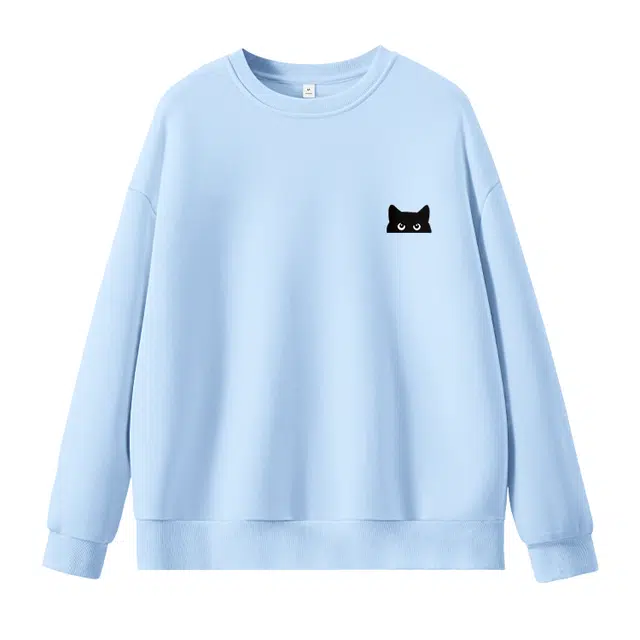 棉致 躲藏黑猫简约柔软百搭通勤卡通舒适学院风多巴胺宽松圆领长袖卫衣 女款