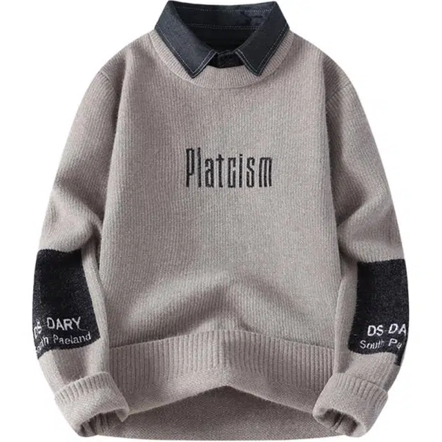 头号青年 假两件毛衫男士秋冬季潮流高级感字母内搭潮牌保暖加厚线衣 针织衫 男款