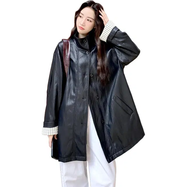 袋鼠 美式复古翻袖条纹翻领设计风衣式皮衣外套 女款