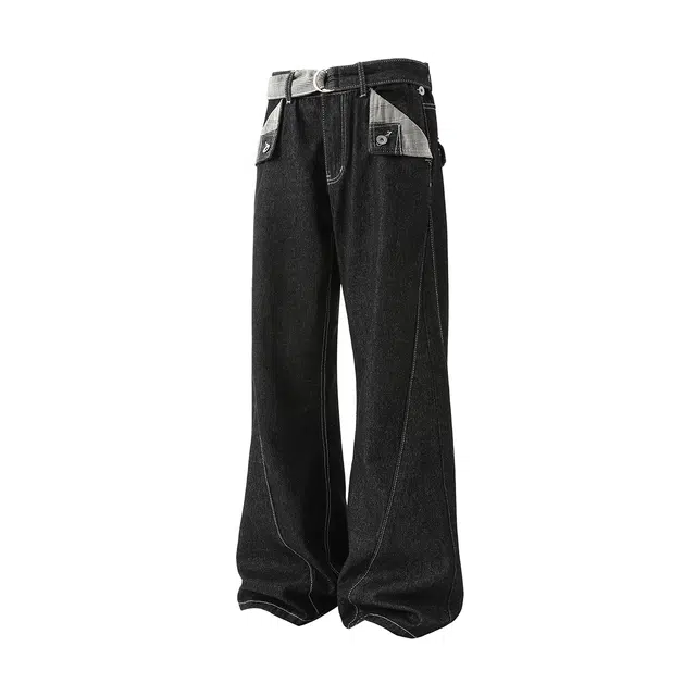 加荣 美式复古拼接牛仔裤男秋季潮流宽松休闲直筒裤春秋高级感原牛阔腿长裤男款青少年潮牌痞帅格纹裤通勤百搭基础款男士裤子 男女同款