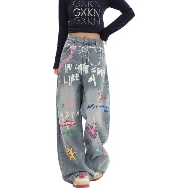 欧迪芬 美式街头趣味手绘涂鸦印花裤女秋季多巴胺宽松显瘦水洗阔腿裤牛仔裤 女款