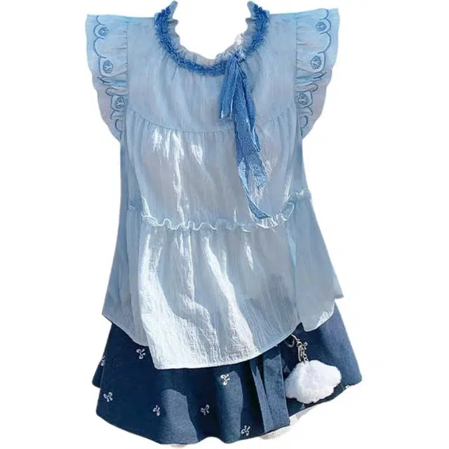 哒头下雨不愁 夏季甜美减龄小飞袖上衣与修身短裙两件套女清凉显白穿搭裙装套装 女款