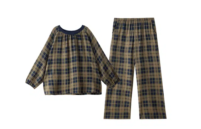 热妒 格子春秋季纯棉纱布长袖高级感自带胸垫家居服睡衣套装 女款