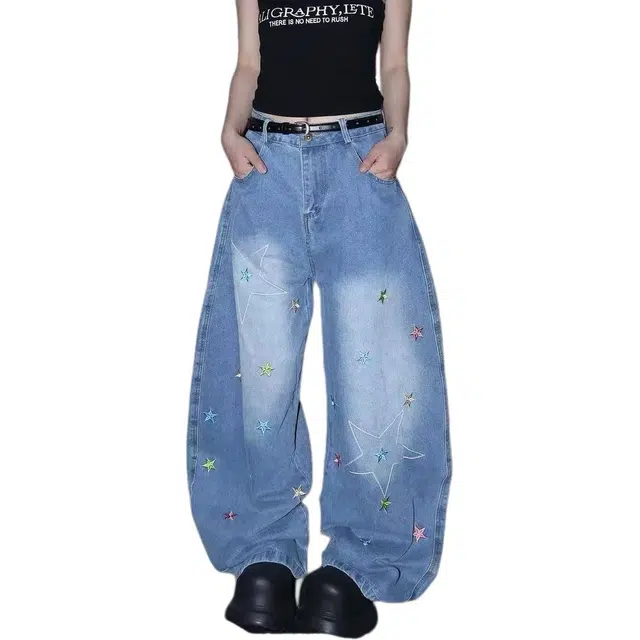 欧迪芬 美式街头多巴胺星星刺绣弯刀裤女复古阔腿辣妹跳舞宽松休闲裤牛仔裤 女款