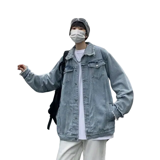 一碗士多 美式高街小众百搭做旧水洗单排扣多口袋通勤宽松日常户外明线翻领破洞毛边牛仔夹克 男女同款