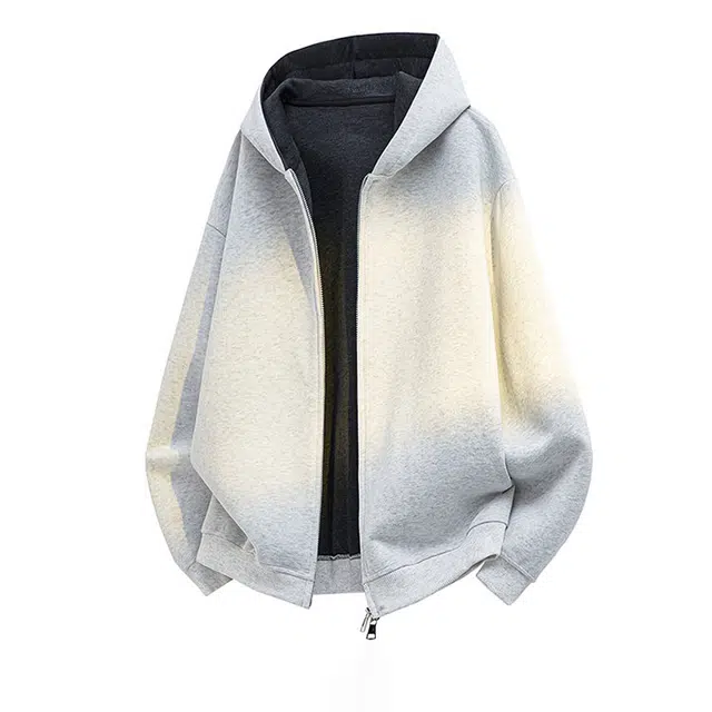 哲源 美式复古重磅双色拼接开衫设计感男款春秋外套潮牌百搭宽松舒适日常通勤慵懒垂感休闲连帽卫衣 男女同款