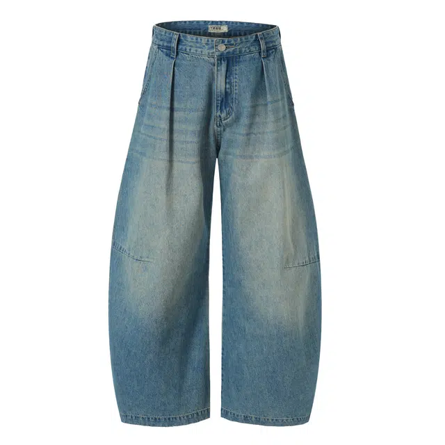 下层基础 日系韩版复古蓝弯刀弧形褶皱直筒阔腿长裤子牛仔裤 男女同款