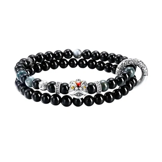 【999足银丨勇气&无畏手链】醒狮象征好运与吉祥 匆匆那年 高级感双层 轻奢小众设计 高端大气时尚 黑曜石 手串 男款